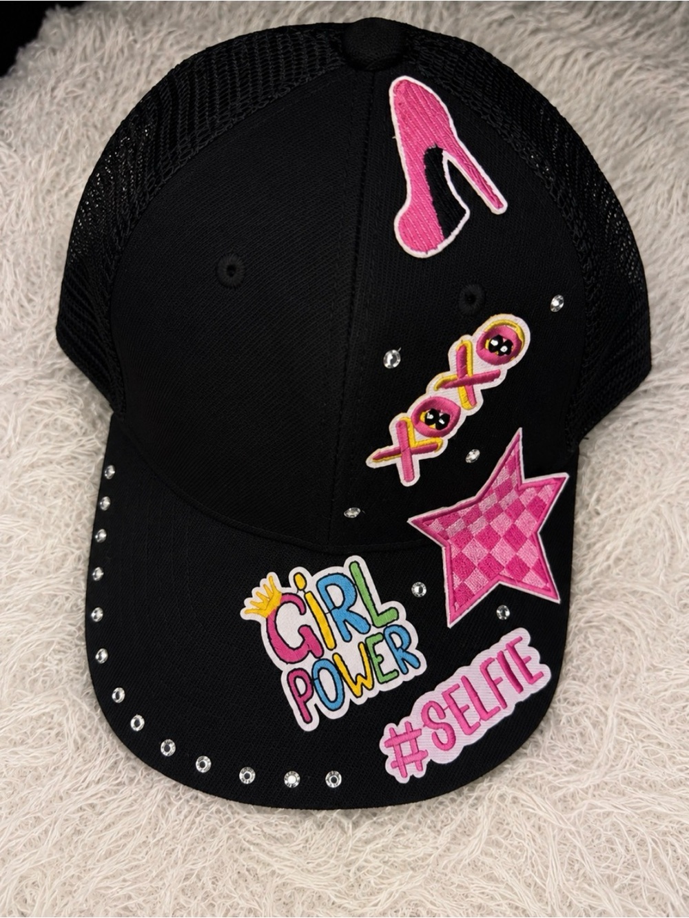 Black Embellished Patch Trucker Hat with Pink Accents - Picture 3 of 4